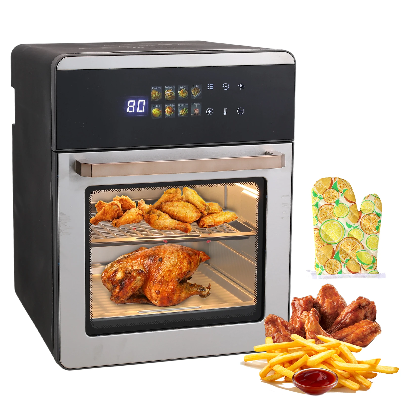 16L Heißluftfritteuse-Ofen, 1800 W mit 360 ° Heißluftzirkulation, digitaler Touchscreen für ölfreies Kochen, Familiengröße