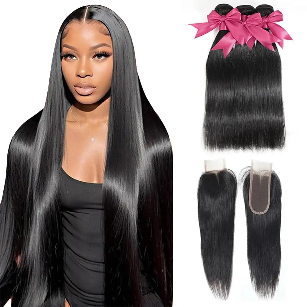 2x6 Chiusura in pizzo trasparente con ciocche 16 18 20+14 pollici, ciocche lisce con chiusura 2x6, capelli umani 100% non trattati, capelli vergini brasiliani, 3 ciocche con chiusura.