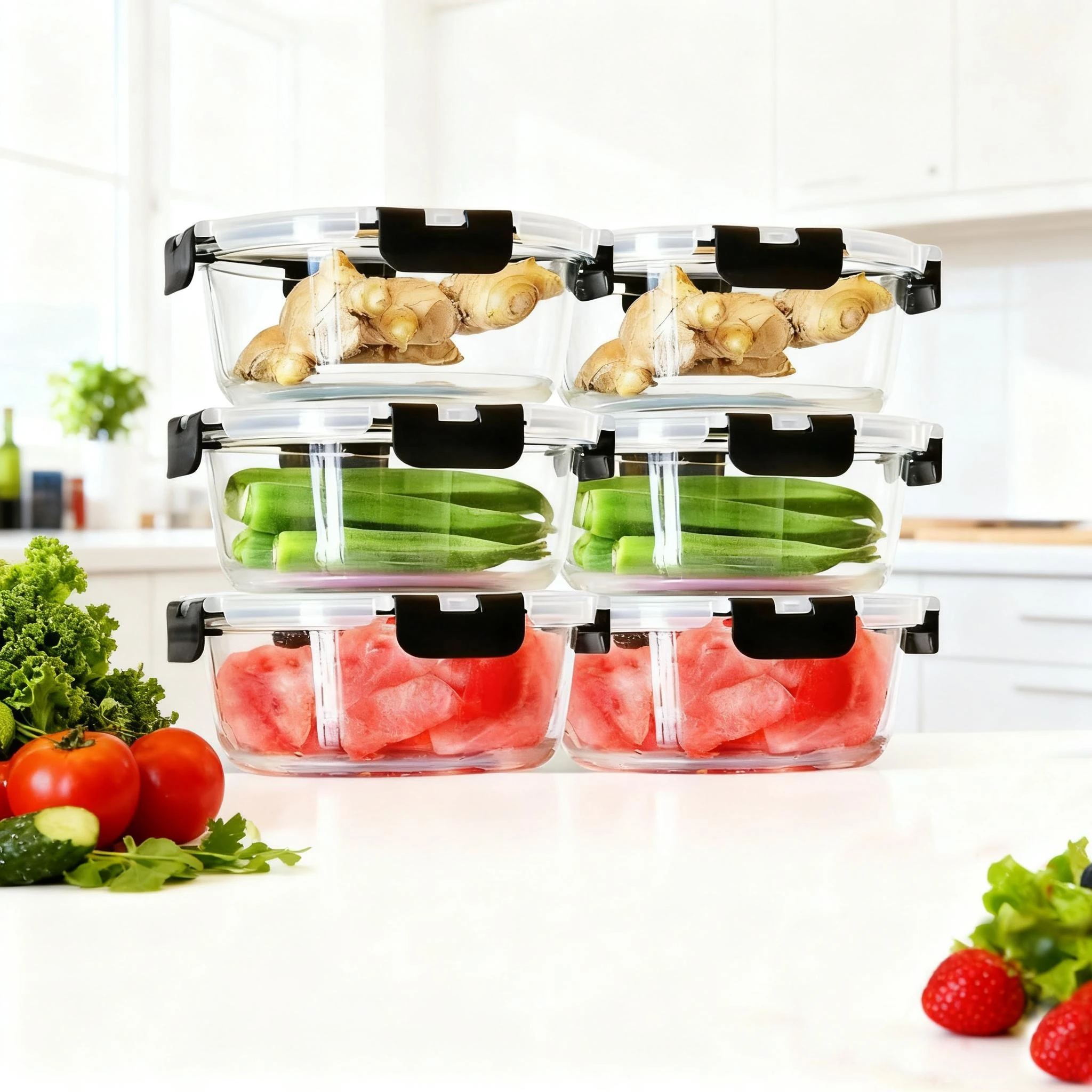 6 x 950ml Glas-Lebensmittelbehälter mit luftdichten Deckeln, geeignet für Kühlschrank und Mikrowelle, BPA-frei. – Detail 9