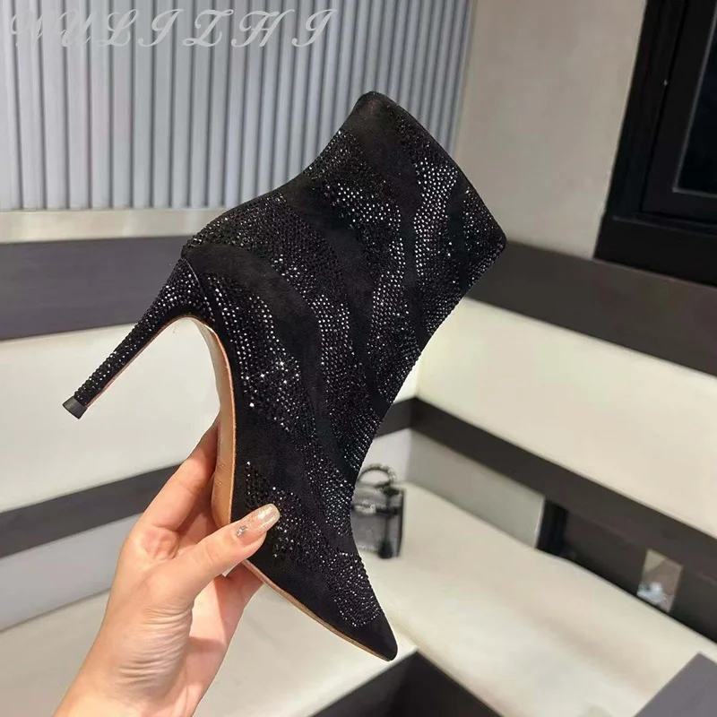 

Elegant Black Pointed Toe Rhinestone Stiletto High Heel Ankle Boots Luxury Zipper Sexy Modern Boots Autumn Versatile Women Pumps