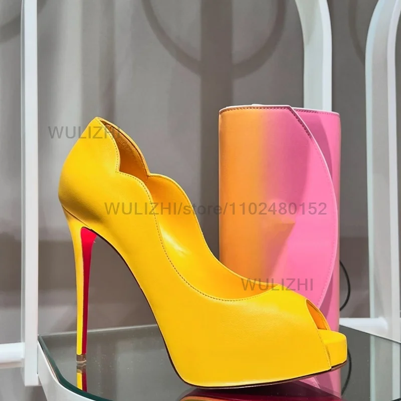 Bright Yellow Patent Leather Peep Toe Sandals Wavy Heels Girls Clutch Party Pink Gradient Crossbody Bag Woman Pink Matte Shoes