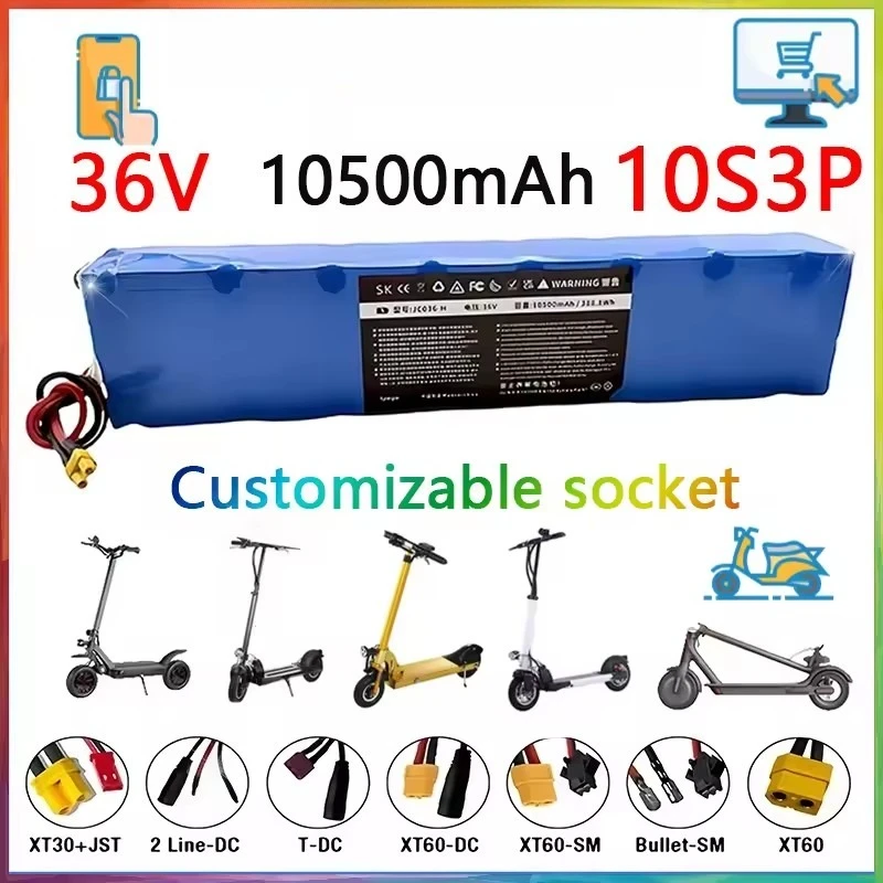 36V Elektroroller-Akku, 10S3P, 10,5Ah, 18650 Zellen der Klasse A, 388W-500W, Integriertes BMS, XT30 +SM, Lange Reichweite, Sicher und Langlebig