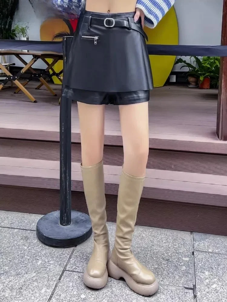 Wiosenne damskie nowe spodenki z prawdziwej skóry owczej spódnice Slim Fit spodenki z szerokimi nogawkami kobiece casualowe w stylu Streetwear spodnie Boot Cut — zdjęcie 2
