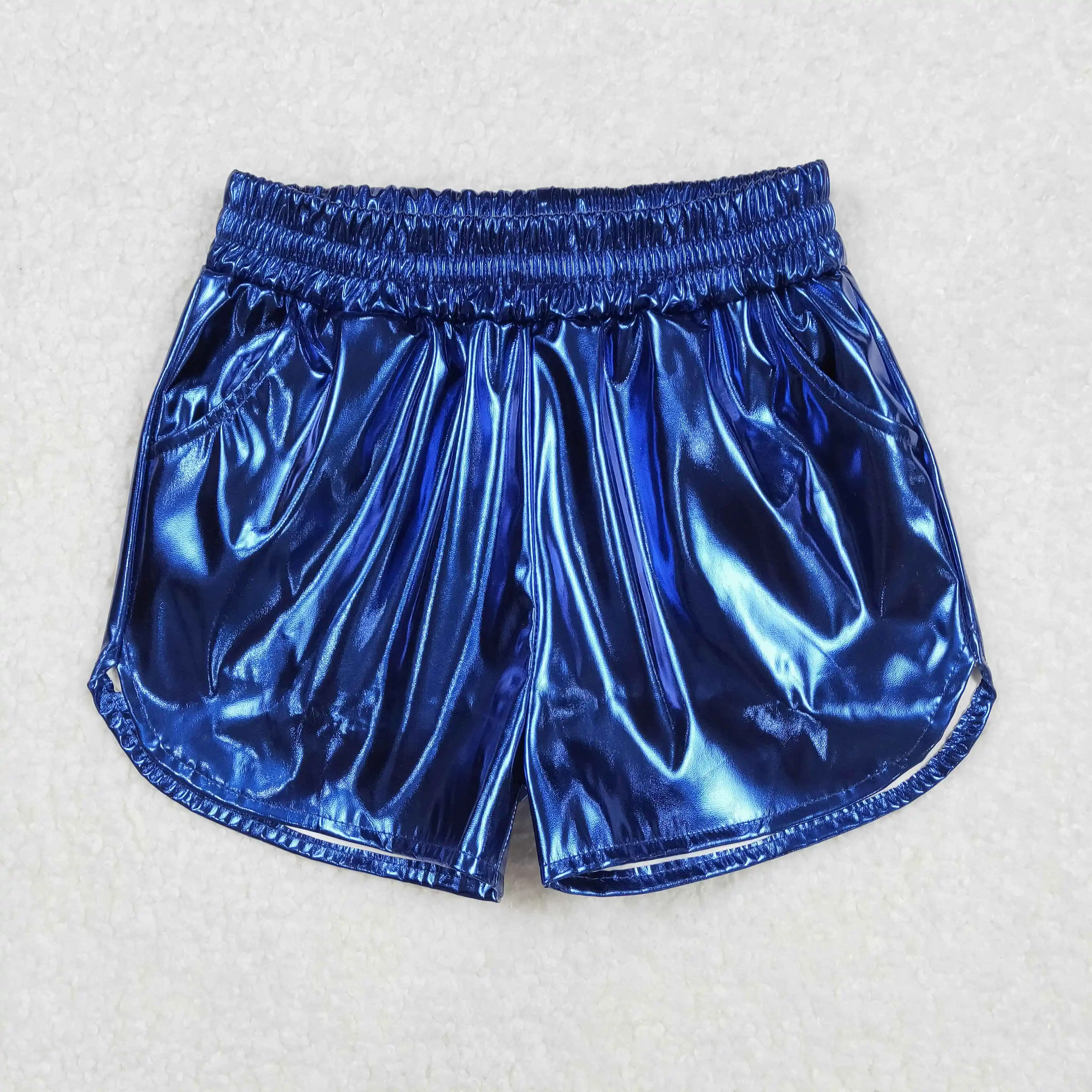 

Baby Girls Blue Pocket Leather Elastic Bottom Shorts