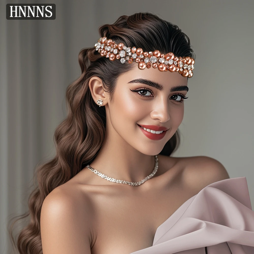 

HNNNS Luxury Hair Accessories Champagne Pearl Hair Band With Rhinestone Headband Headdress Banquet Prom Jewelry Headpiece A280