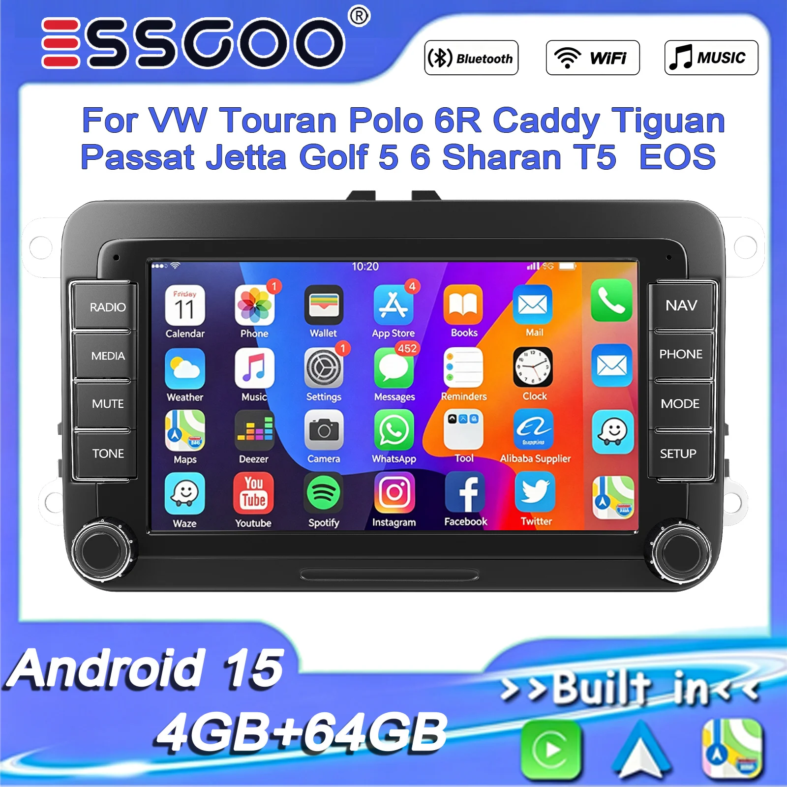 ESSGOO Android 15 4+64Go Autoradio compatible VW GOLF 5 6 Plus Touran Polo Caddy T5 Seat Skoda CarPlay sans fil Android Auto GPS FM RDS Bluetooth Wifi Commande Mirror Link DAB multimédia Écran IPS tactile