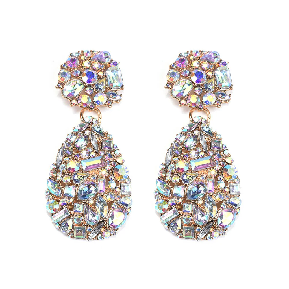 Runway Wedding Jewelry Statement Accessories Long Encrusted Iridescent AB Crystal Rhinestone Tear Drop Earrings for Women