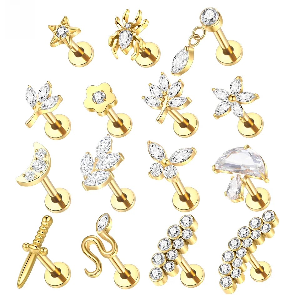 1PC titane Zircon Labret Piercing lèvres anneaux couleur or CZ Cartilage Helix Lobe conque boucle d'oreille Stud Piercing femmes bijoux 16G