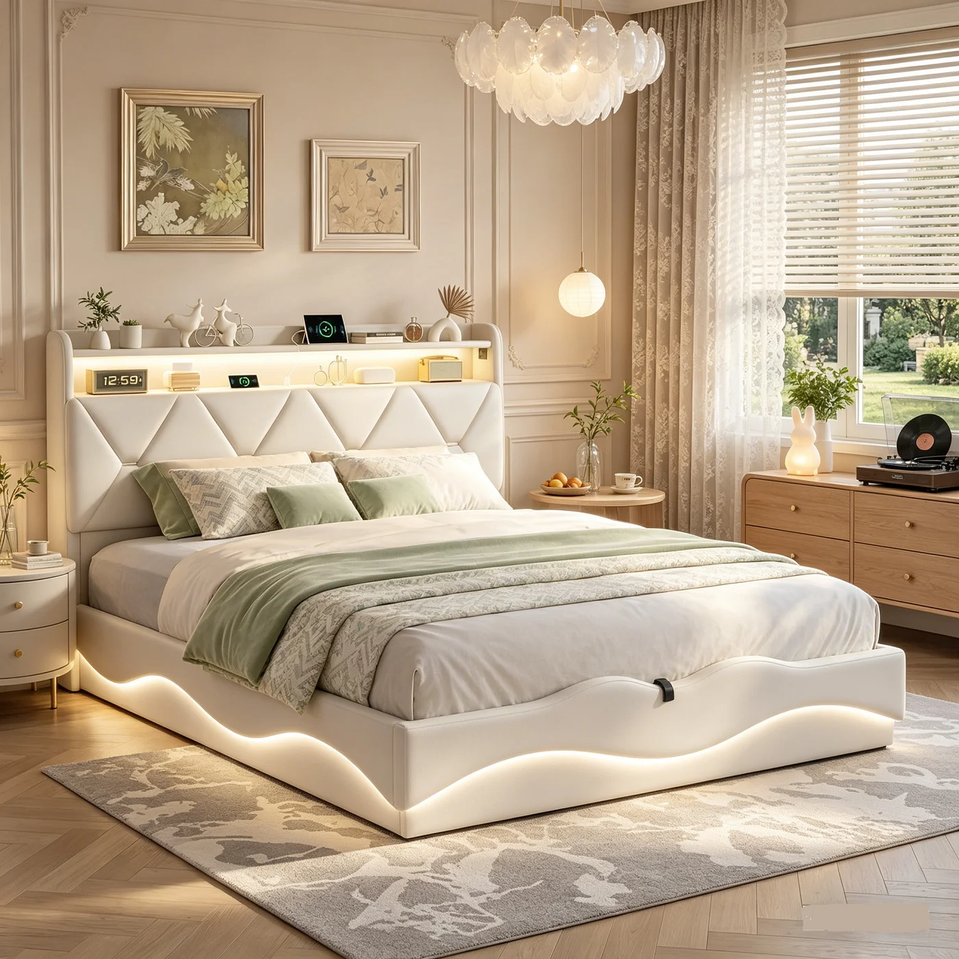 Gestoffeerd tweepersoonsbed 140x200, hydraulisch opbergbed met led- en usb-aansluiting, boxspringbed 160x200, kinderbed met opbergbaar hoofdeinde, bedframe met lattenbodem, fluweel, beige/grijs