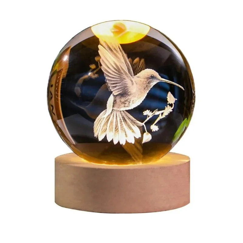 3D Laser Gegraveerde Vogel Kristallen Bol met LED Stand 60mm Kolibrie Geschenken voor Vrouwen Decor Glas Dieren Beeldje Kamer verjaardag