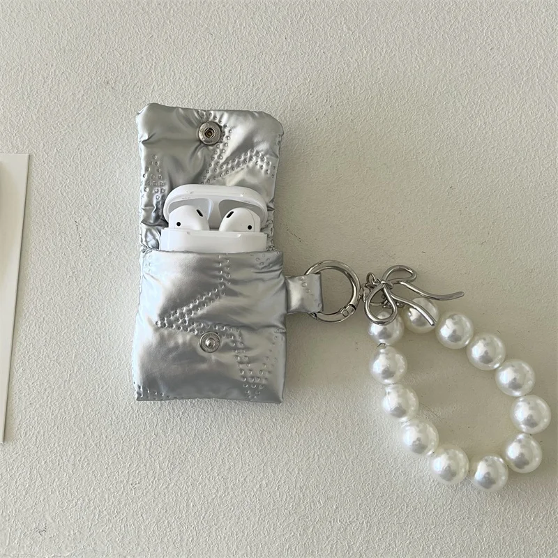 Silver Star Puffer Earphone Bag For Apple Airpods Pro 2 3 4 Cover with Chain Cute Headphone Charging Cases For Airpod 4 3 Case