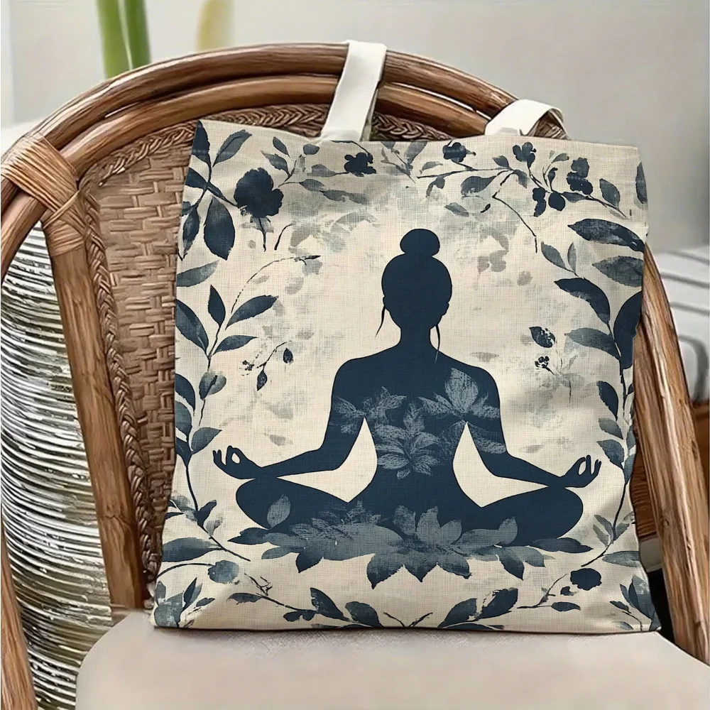 1 Piece Yoga Meditation-Themed Canvas Shoulder Bag with Plant and Floral Designs for Women Doing Cross-Legged Meditation, Lightweight Foldable Storage Tote Bag, Reusable Shopping Bag with Fixed Shoulder Strap, Perfect Gift for Yoga, Fitness, Commuting, Travel, Shopping, School, and Holidays