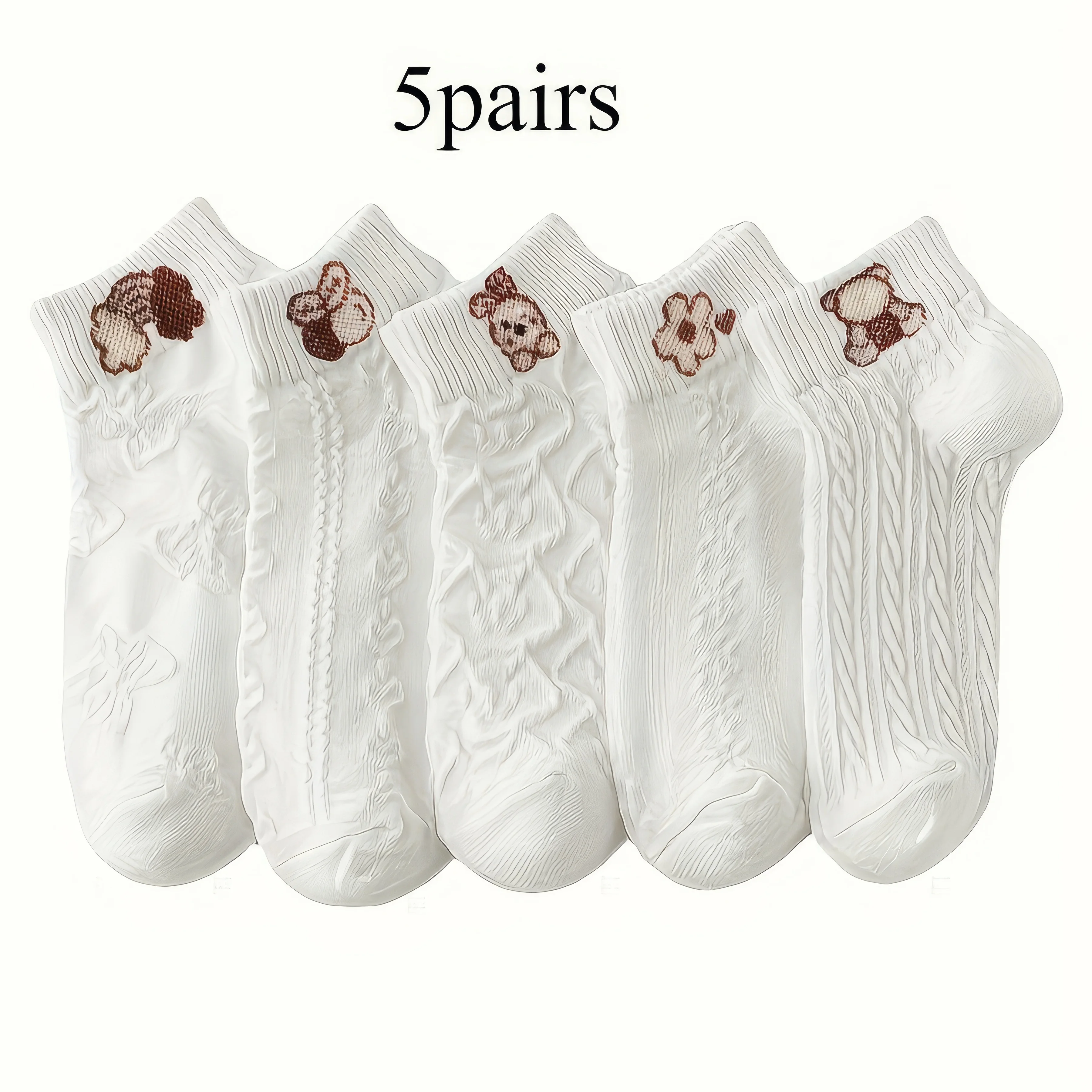 

White Cloud Rabbit Socks Set - Cute Brown Embroidery (Bear/Flower/Rabbit) Textured Knit, Adorable Daily Wear Gift 5 Pairs