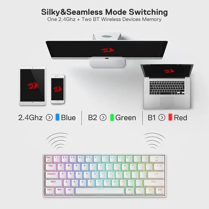 Imagem -04 - Pro Teclado Mecânico sem Fio 61 Teclas 60 Rgb sem Fio 100 Hot-swap Soquete Bluetooth 2.4ghz com Fio 3-mode Wired Redragon-k530