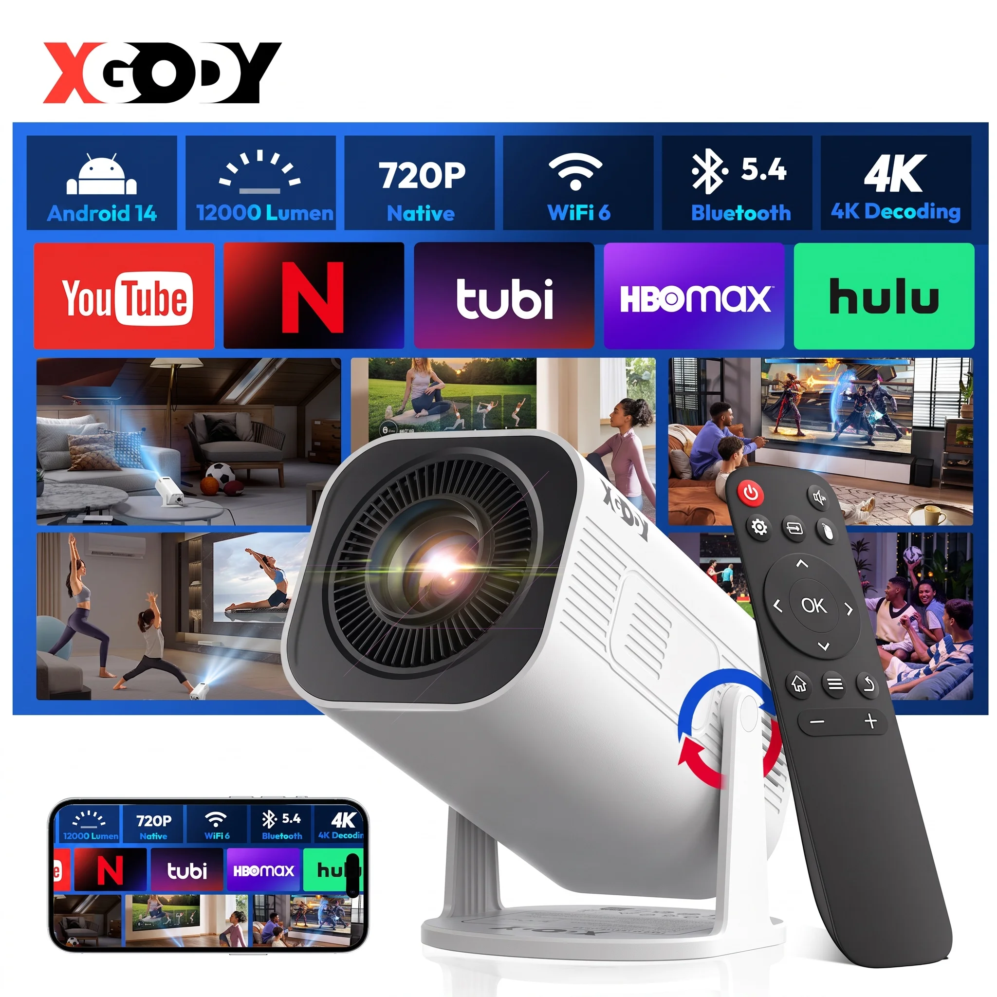 XGODY 3 Pro 4K Beamer Android 14 Mini Projektor 300 ANSI Dual WIFI Wifi6 BT5.4 1280*720P Heimkino Outdoor Tragbare