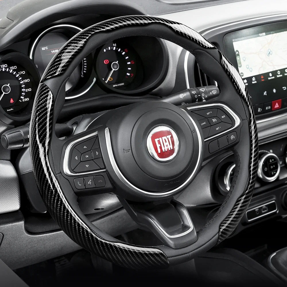 Funda Protectora para Volante con Textura de Fibra de Carbono Brillante, Compatible con Fiat 500, Panda, Pandina, Tipo, Egea, Strada, Pulse, Cronos, Mobi, Argo, Fiorino, Ducato, Toro, Doblò, 500X, 600, Accesorios Inter