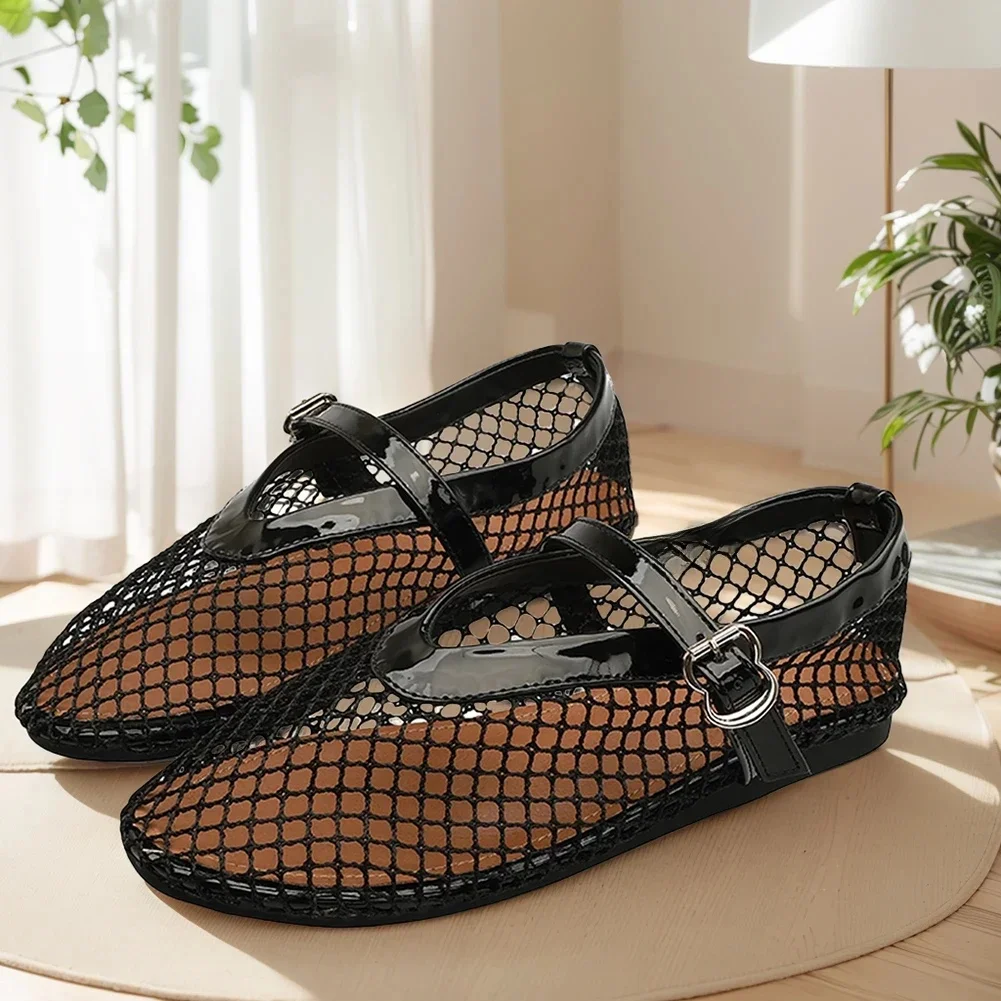 Damen-Ballerinas aus Mesh, Netz-Ballerinas, bequeme runde Zehen-Ballettschuhe, atmungsaktiv, lässige Wanderschuhe zum Pendeln