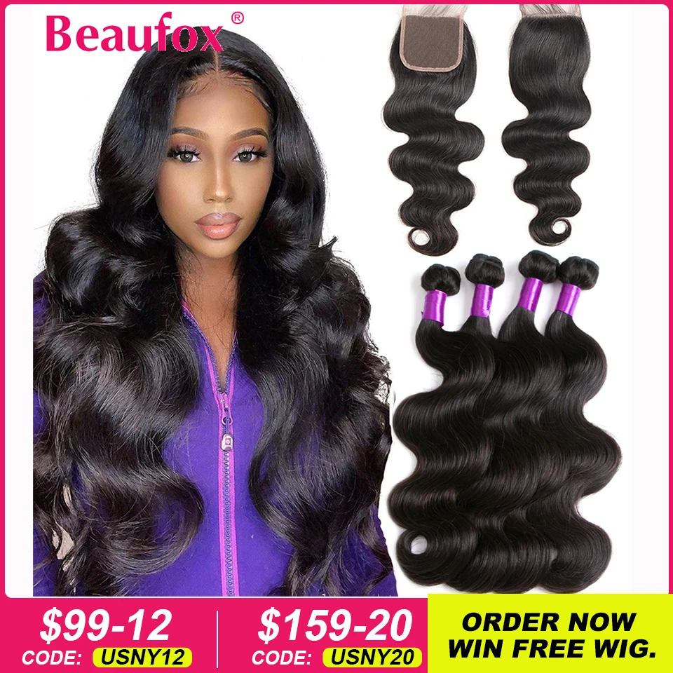 Beaufox Body Wave Bundles With Closure Brazilian Hair Weave 3/4 Bundles With Closure Natural Human Hair Bundles With Closure