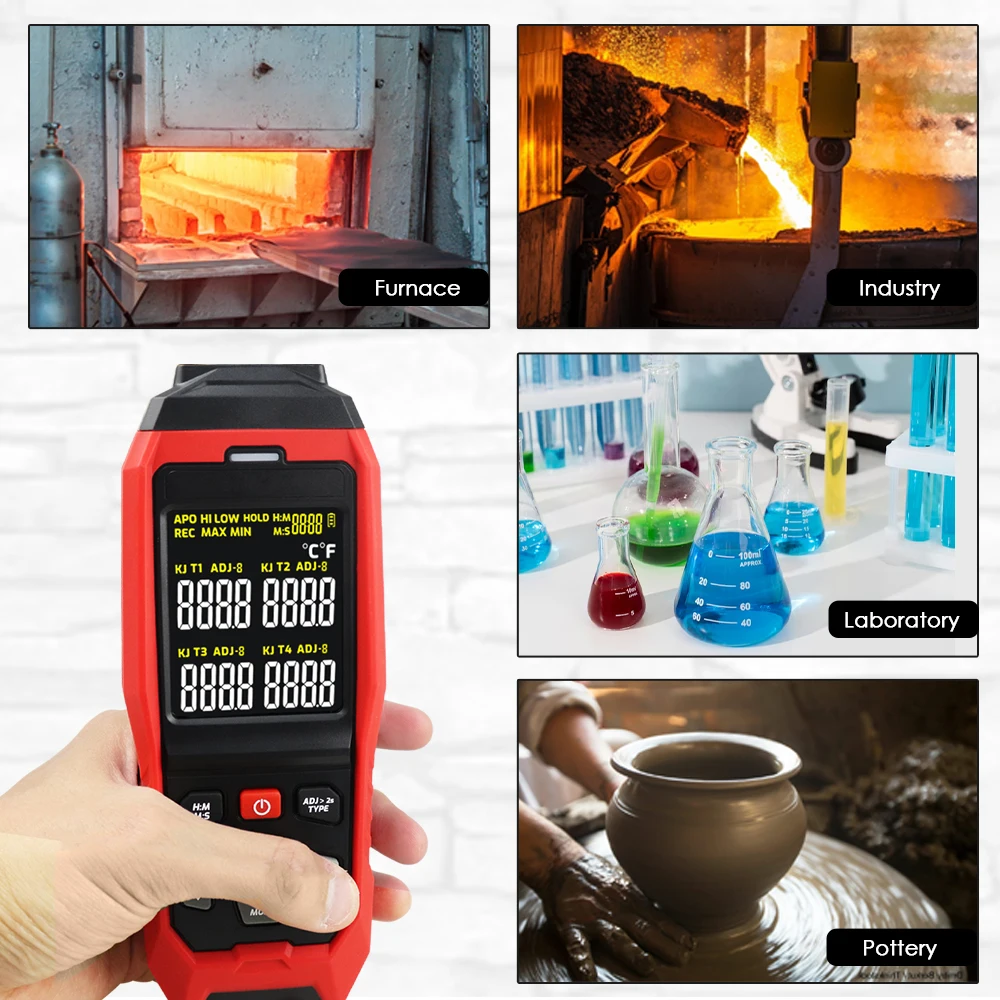 4 Channels K/J Type Thermocouple Thermometer -200~1372℃ -328~2501℉ Digital Meter 5000 Groups Data Storage 4-Channel Display