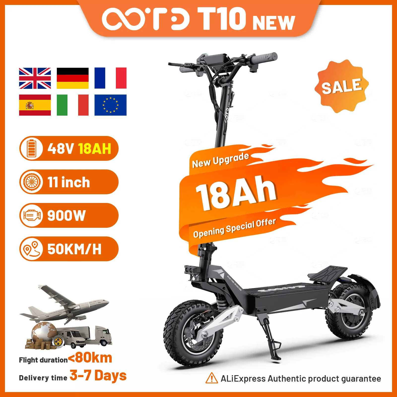 Trottinette électrique OOTD T10, puissance de pointe 900W, batterie 48V 18Ah, écran LED, trottinette électrique pour adultes, pneus tout-terrain de 11 pouces, E-Scooters