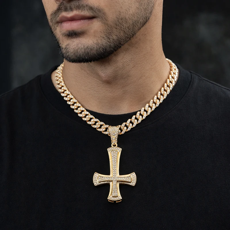 Men Women Upside Down Cross Pendant Necklace 11mm Miami Chain HipHop Iced Out Bling Necklaces Fashion Charm Jewelry Gift