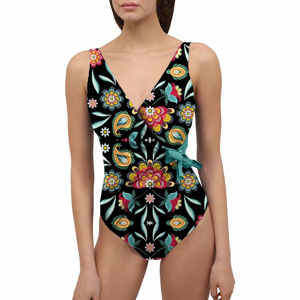 Green Print Collar Wrap Fashion One Piece Swimsuit  Vintage  Print Floral Tie Dye Lace Stripe Cutout Tight Triangle Micro Bikin