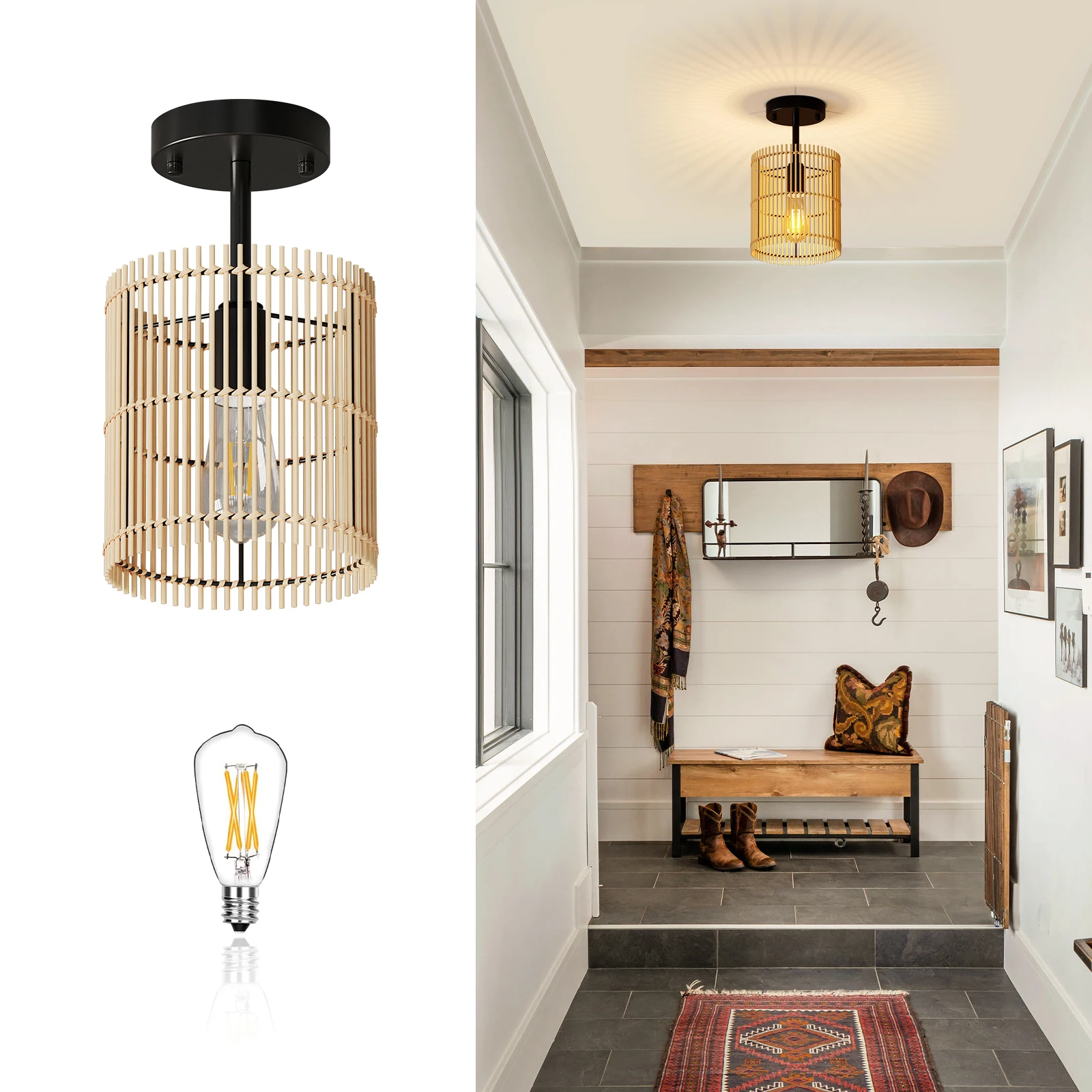 

Rattan Ceiling Light Bohemian Chandelier Rattan Flush Mount Light Fixture for Kitchen Island Hallway Bedroom Dinning E26 No Bulb