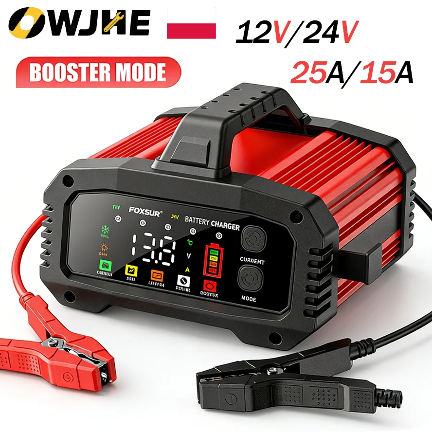 Chargeur de batterie intelligent portable 25A/15A pour moto, batteries au plomb-acide, AGM, GEL, LiFePo4, booster de démarrage et réparation par impulsions