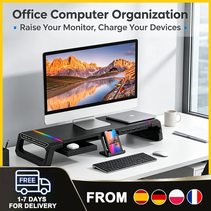 Support d'ordinateur multifonctionnel avec hub USB et éclairage RGB, étagère pliable pour bureau, ordinateur portable, accessoires pour PC de bureau