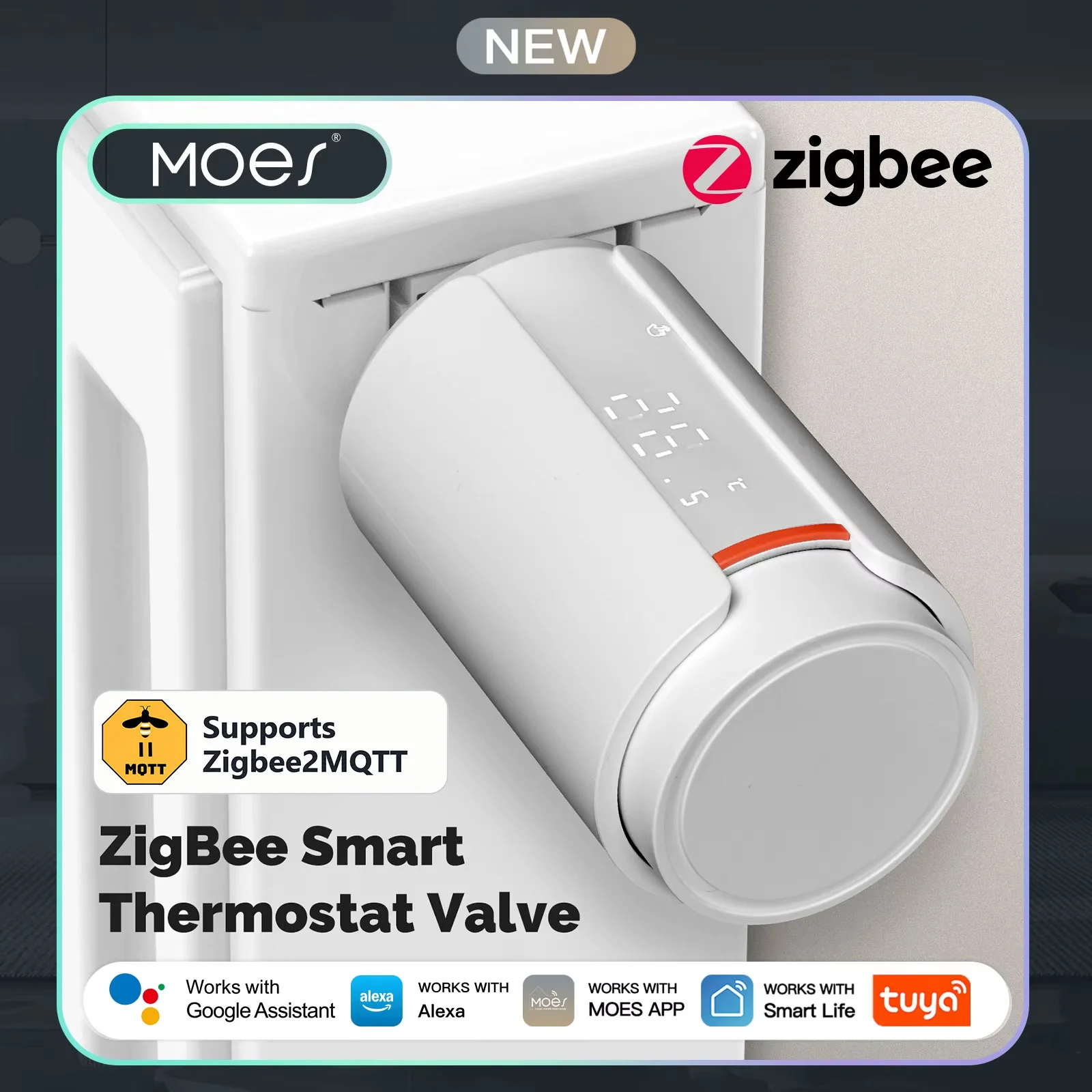 MOES Tuya Zigbee2MQTT Smart TRV, Programmable Radiator Valve with App Control, Works with Alexa/Google Home