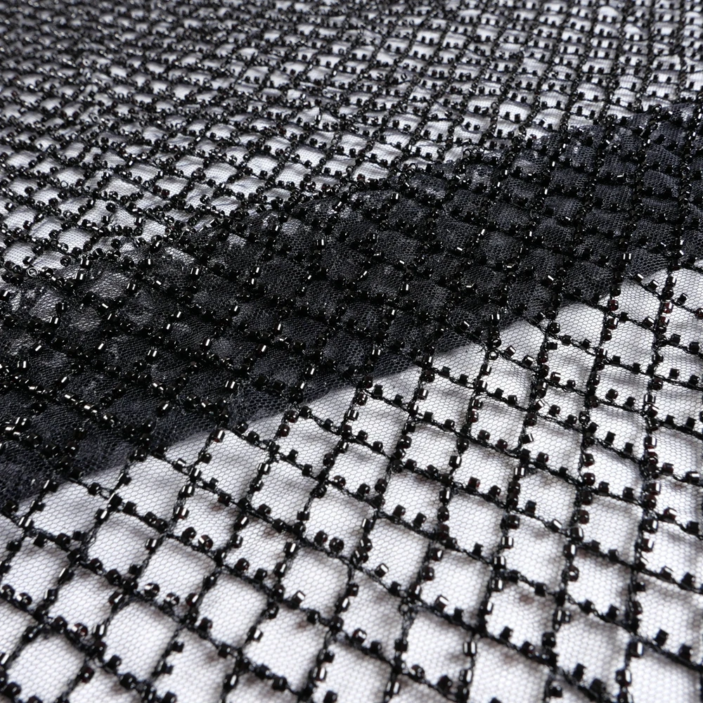 

HelluyerDc Off-white,black beaded lace fabric,simple net embroidery for wedding prom dress fabric by the yard