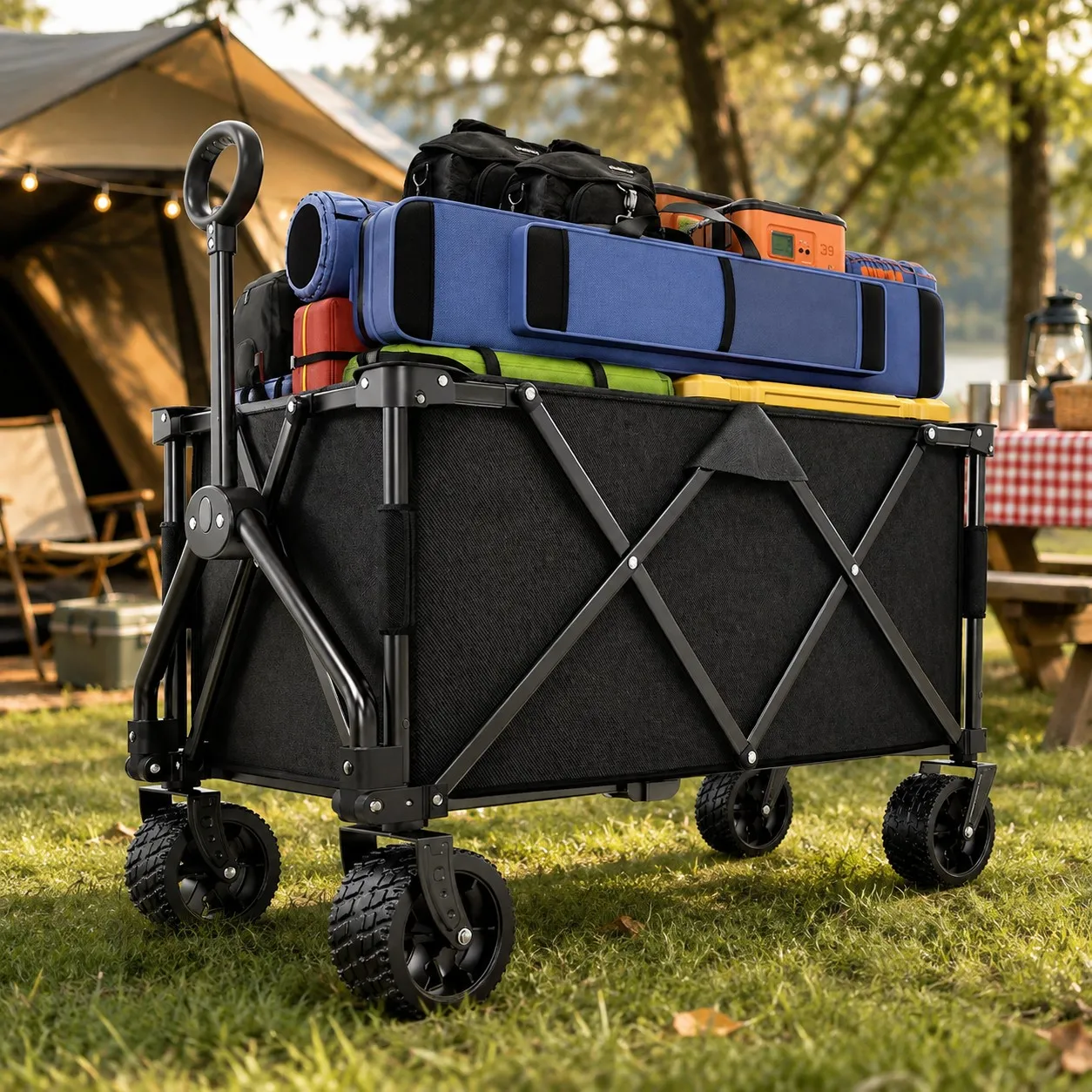 Tolife Collapsible Folding Camping Wagon Cart, 420 LBS Max Static Load Heavy‑Duty Pull Wagon, One‑Step Compact Gathering‑Fold Design, Reinforced Metal Frame All‑Terrain Big Wheels with 4‑Wheel Brake, Utility Wagon for Camping Beach Garden Grocery