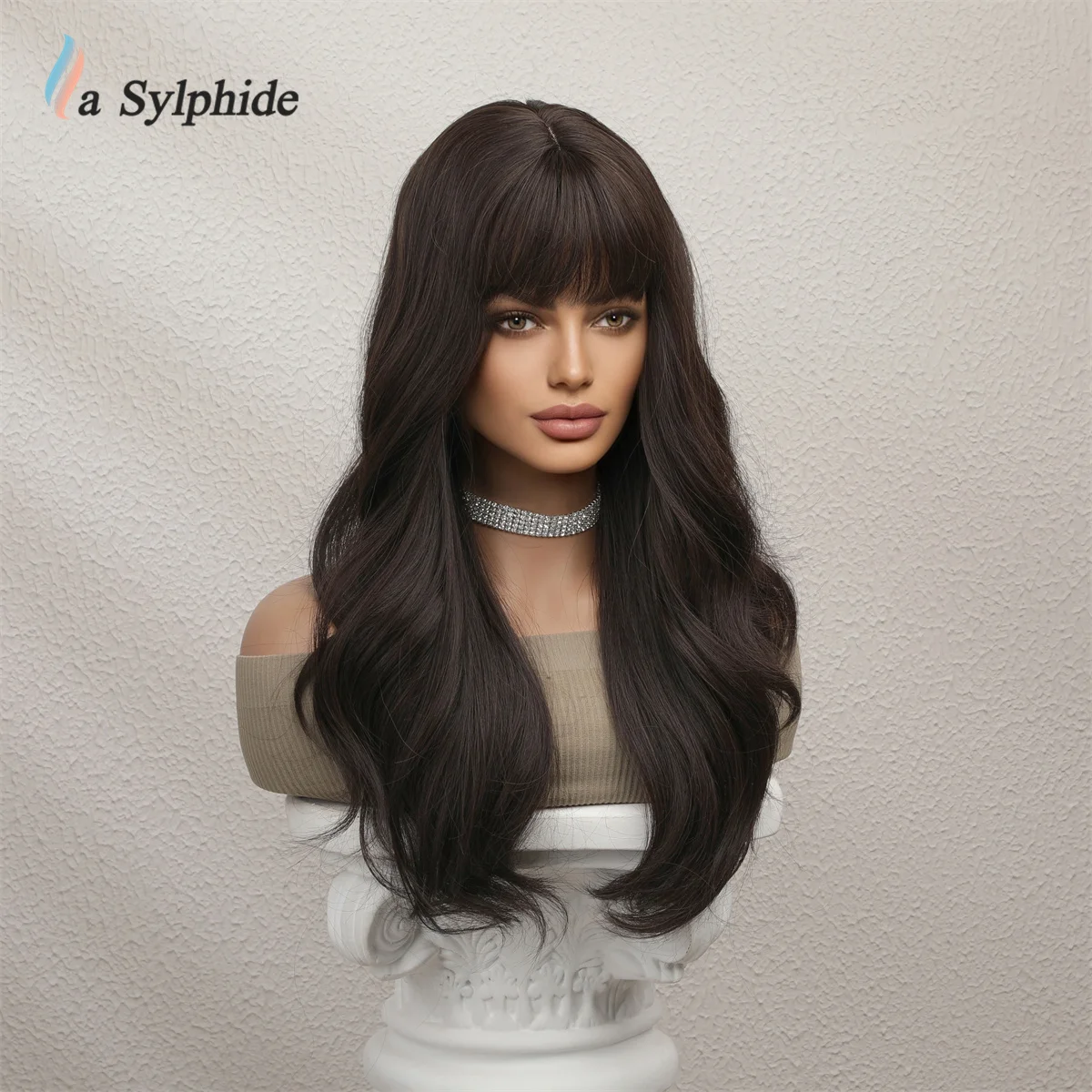 Wig Cokelat La Sylpide dengan Poni Wig Wanita Gelombang Panjang Cosplay Harian Wig Alami Pesta Lolita Rambut Tahan Panas