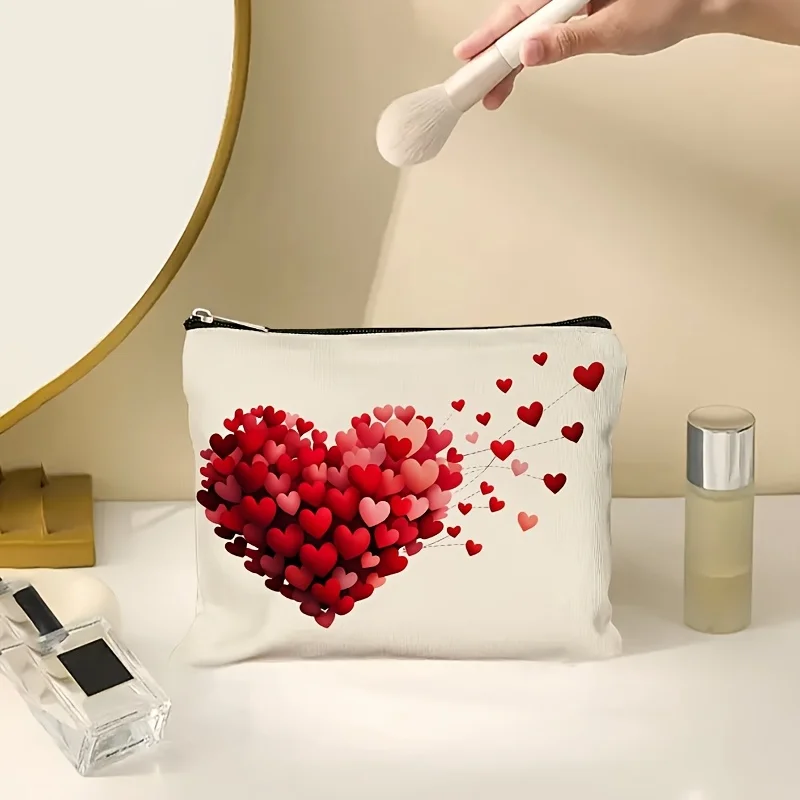 1Pc Red Heart-Shaped Romantic Balloon Retro Design Cosmetic Bag, Multifunctional Portable Storage Bag, Fashionable Toiletry Bag, Snack Storage Bag, Stationery Storage Bag, Canvas Double-Sided Printed Travel Bag