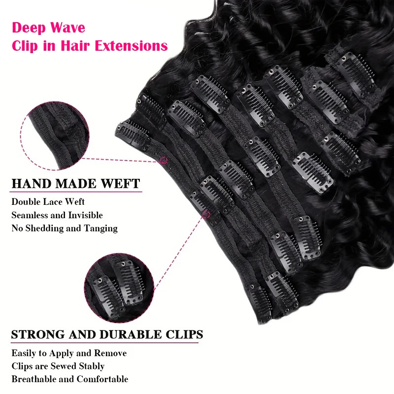 Extensiones de cabello humano con Clip de onda profunda, extensiones gruesas para extremos con 18 Clips, Color Natural, 10-26 pulgadas, 8 unidades por juego