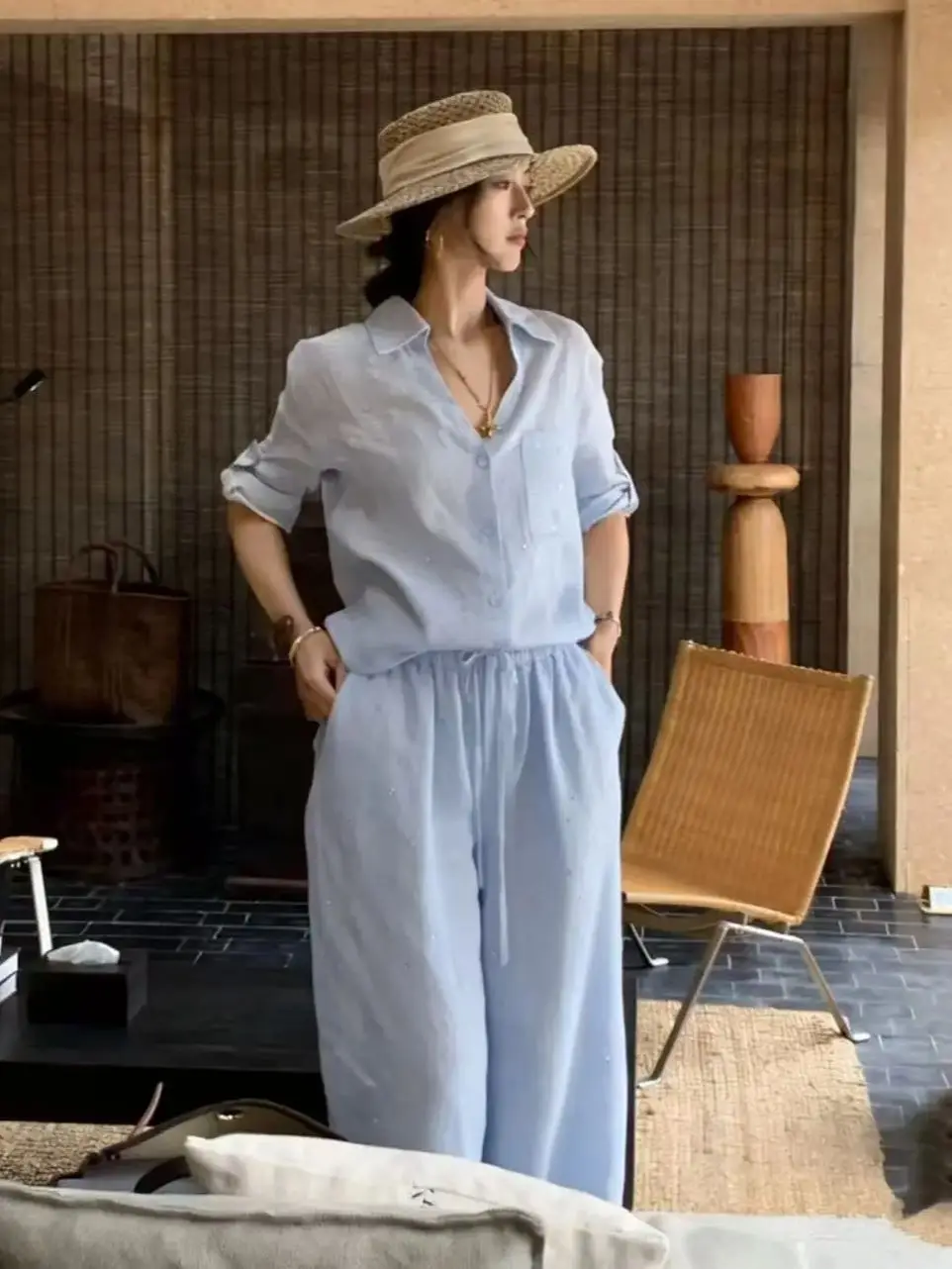 

Women's breathable linen loose solid color two-piece set