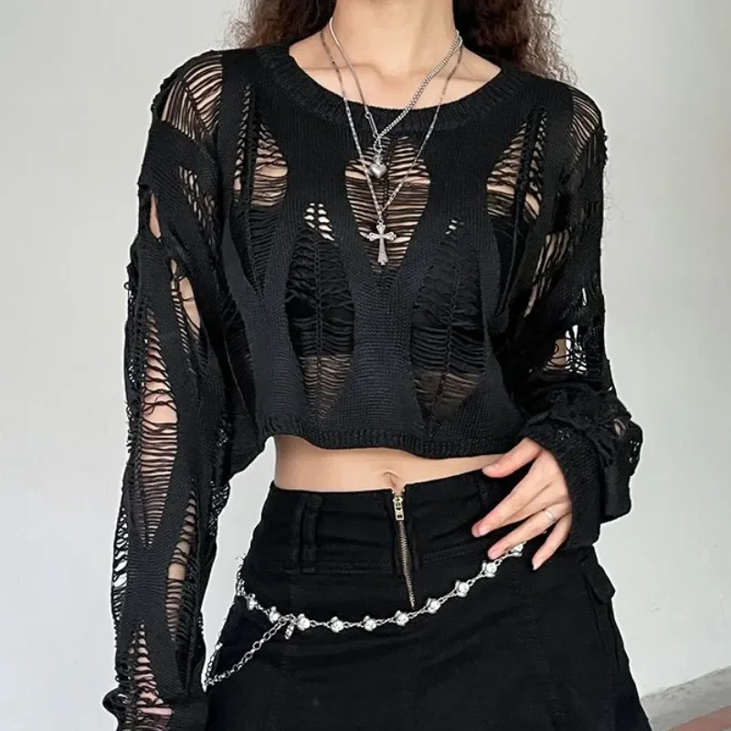 Perforated Hollow Out Knitted Blouse Sunscreen Long Sleeve Top Gothic Dark Black Sexy Thin Sweater Women\'s Summer Chic Crop Tops