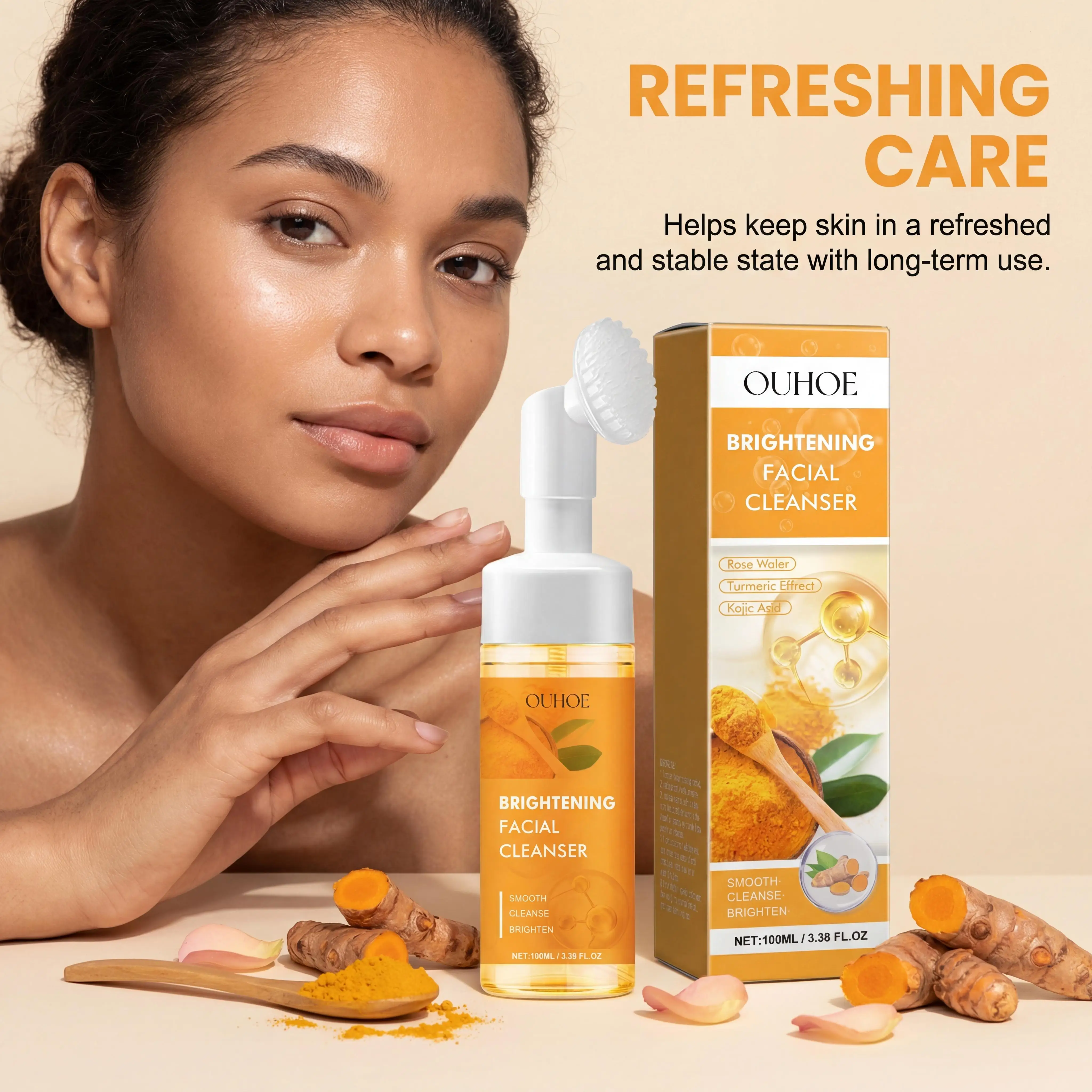 Ouhoe Turmeric Brightening Facial Cleanser Kojic Acid Rose Water Silicone Brush Head Deep Pore Exfoliating Foam Smooth Glowing Skin Care