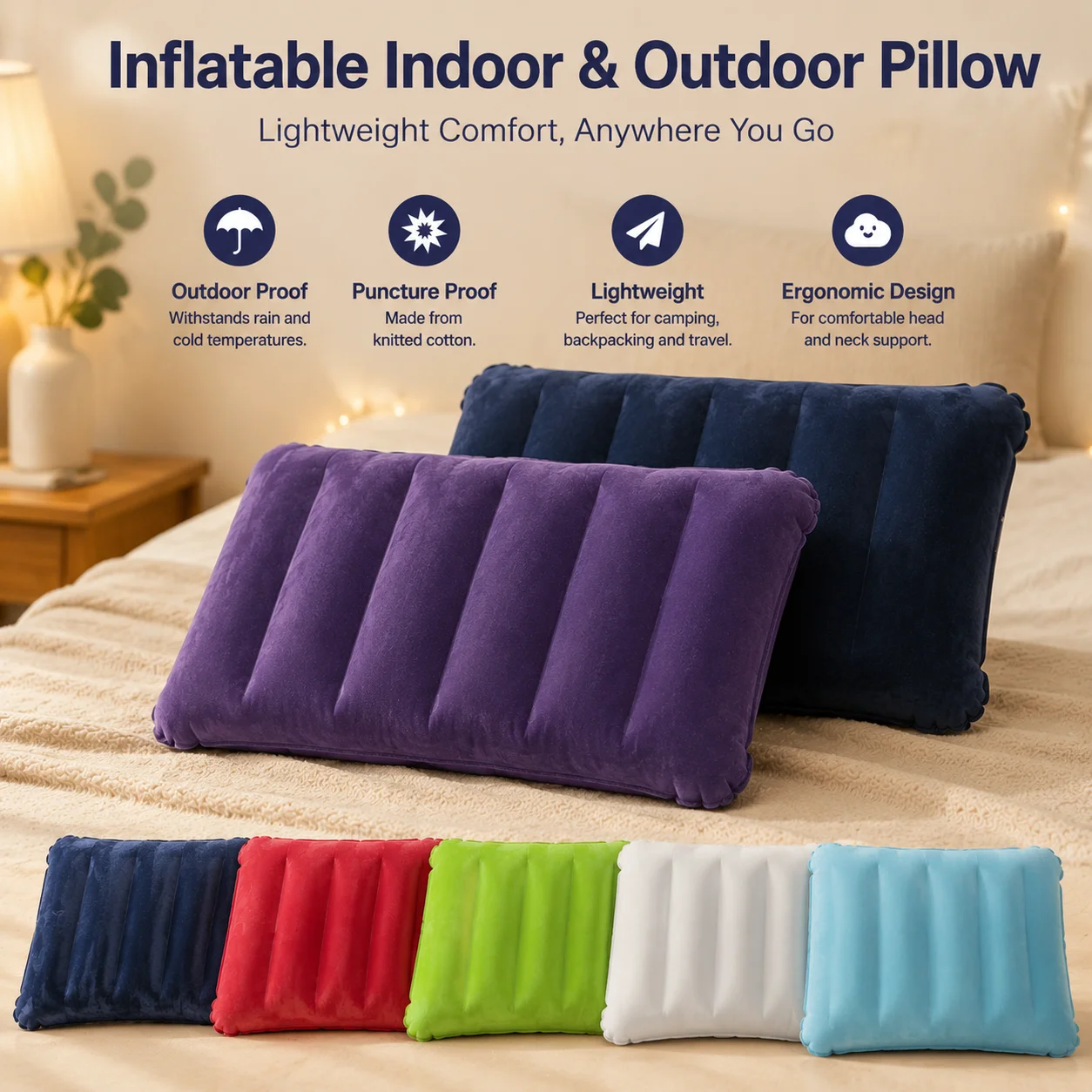 Inflatable Flocked Pillow Soft Portable Travel Camping Pillow for Indoor Outdoor Home Bed Sofa Car Neck Support  Selling