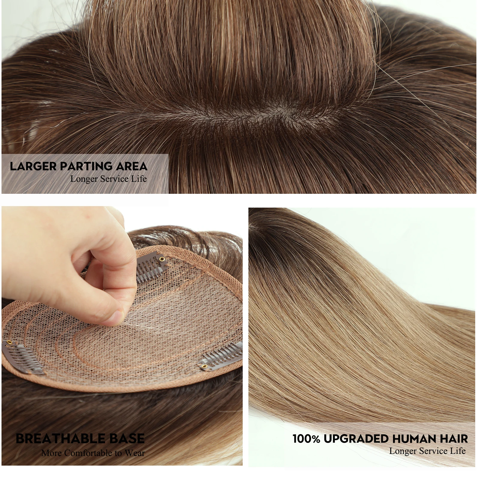 100% Remy Human Hair Toppers Hair Pieces For Women Light Brown Women Topper with Bang Silk Base Clip In Topper For Thinning Hair