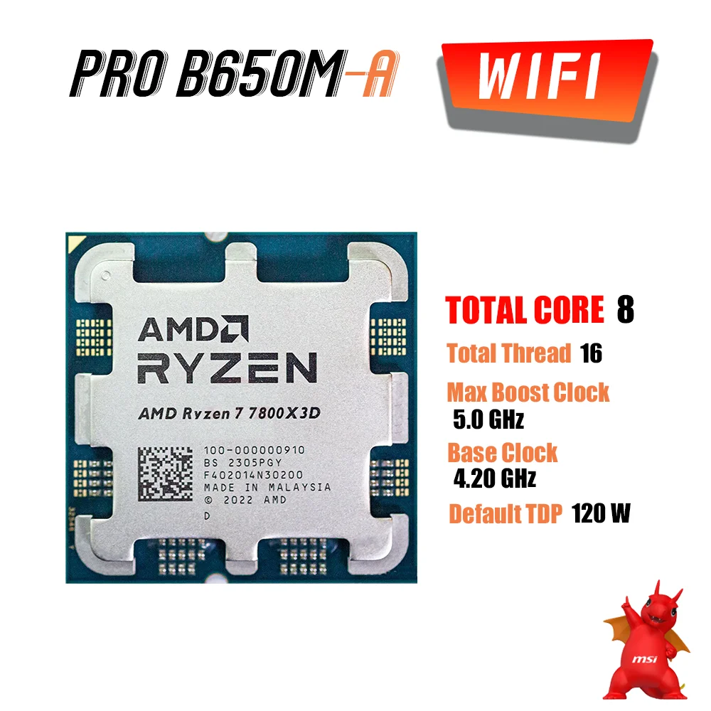 Материнская плата MSI PRO B650M-A WIFI DDR5 AM5 с AMD Ryzen 7 7800X3D, комплект процессора Combo Fury 5200 МГц 16 Гб x2 DDR5 RGB память, Новинка HDMI DP USB поддерживает видеокарты NVIDIA AMD для настольных ПК Gamer