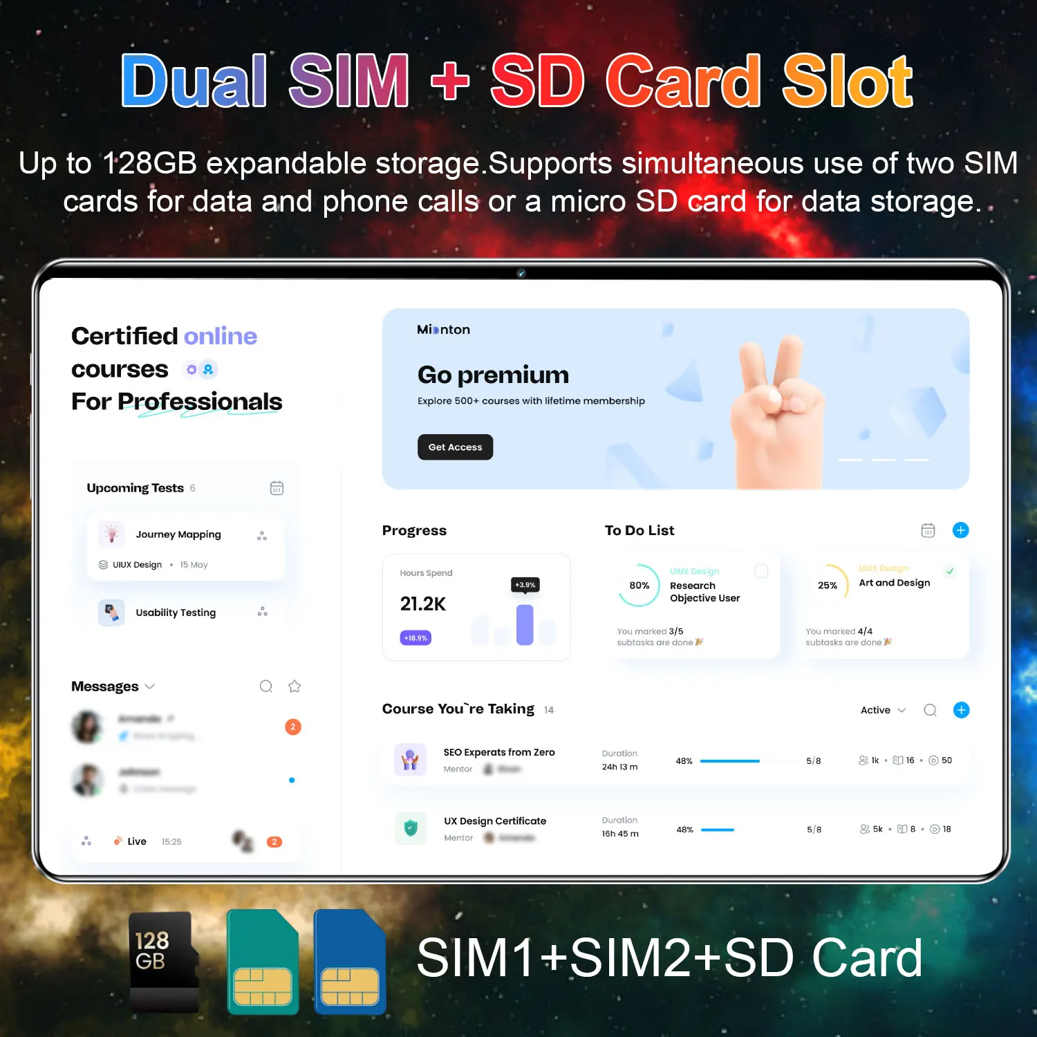 Imagen 4: Elegante tableta Android 13 de 10.36 pulgadas, potente procesador de 14 núcleos, almacenamiento de 16GB+1TB, batería enorme de 20000mAh, conexión WiFi 5G con doble SIM, cámara dual de 16MP+32MP para juegos y clases en línea.