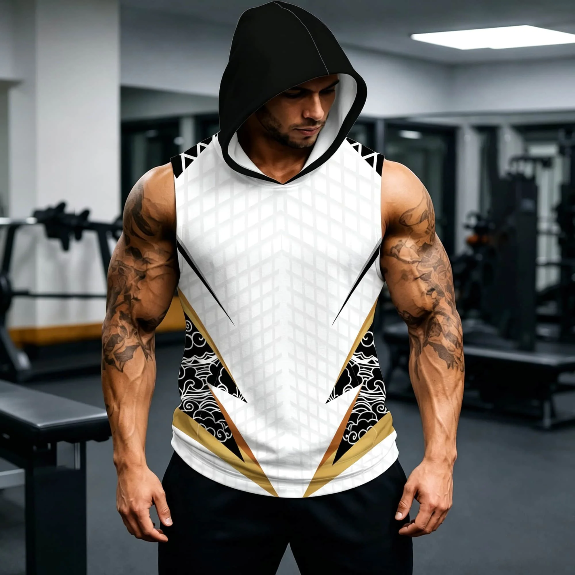 Übergroßes ärmelloses Kapuzen-Tanktop für Herren, weißer Gitterhintergrund, schwarz-goldene chinesische Wolken-Dekoration, atmungsaktive Sommer-Fitness-Freizeitweste