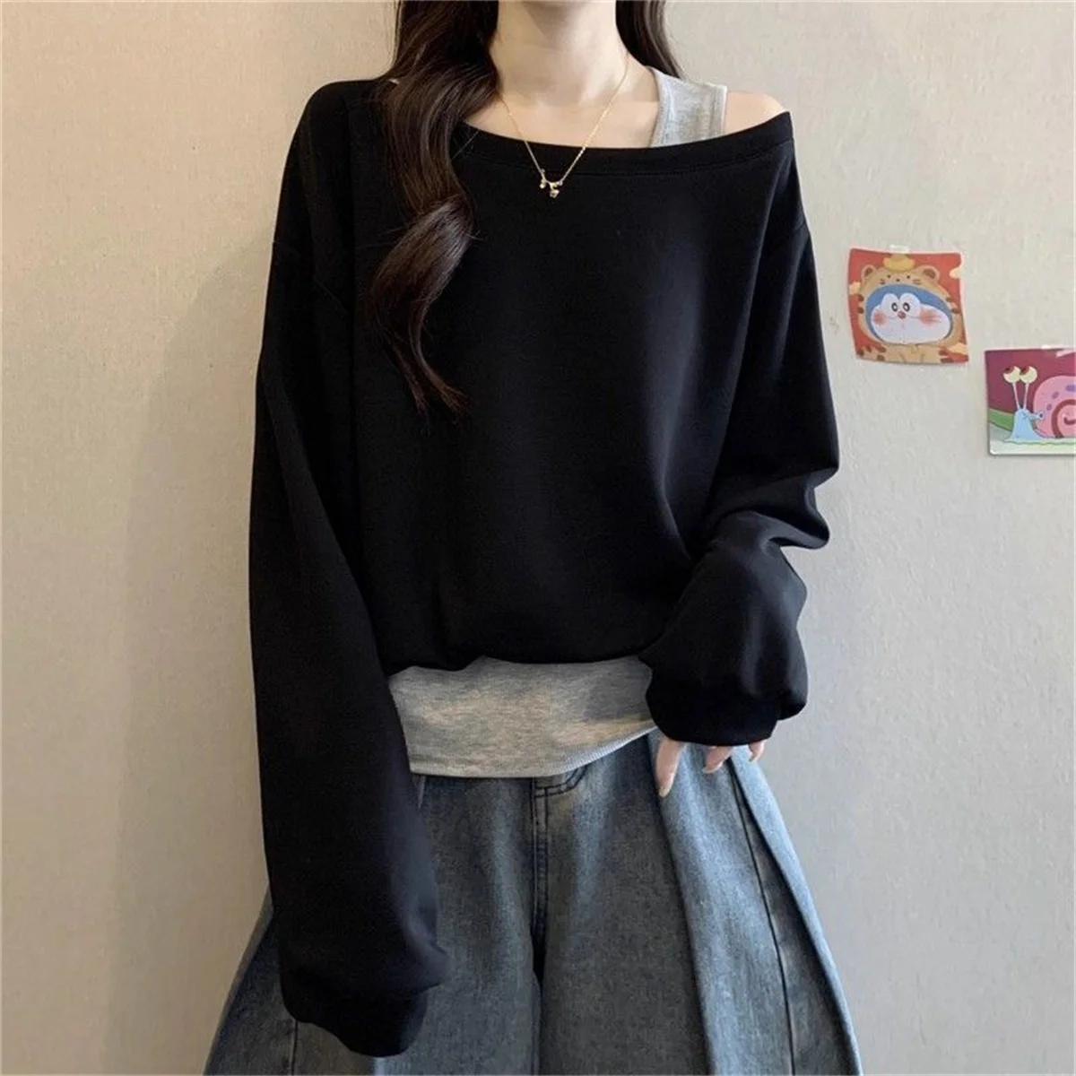 Solide Zweiteilige Unregelmäßige Kontrast-Trend-Oberteile Frühling Herbst Locker Sitzende Alltagstaugliche Street-Casual-T-Shirts Modische Lässige Damenkleidung – Detail 8