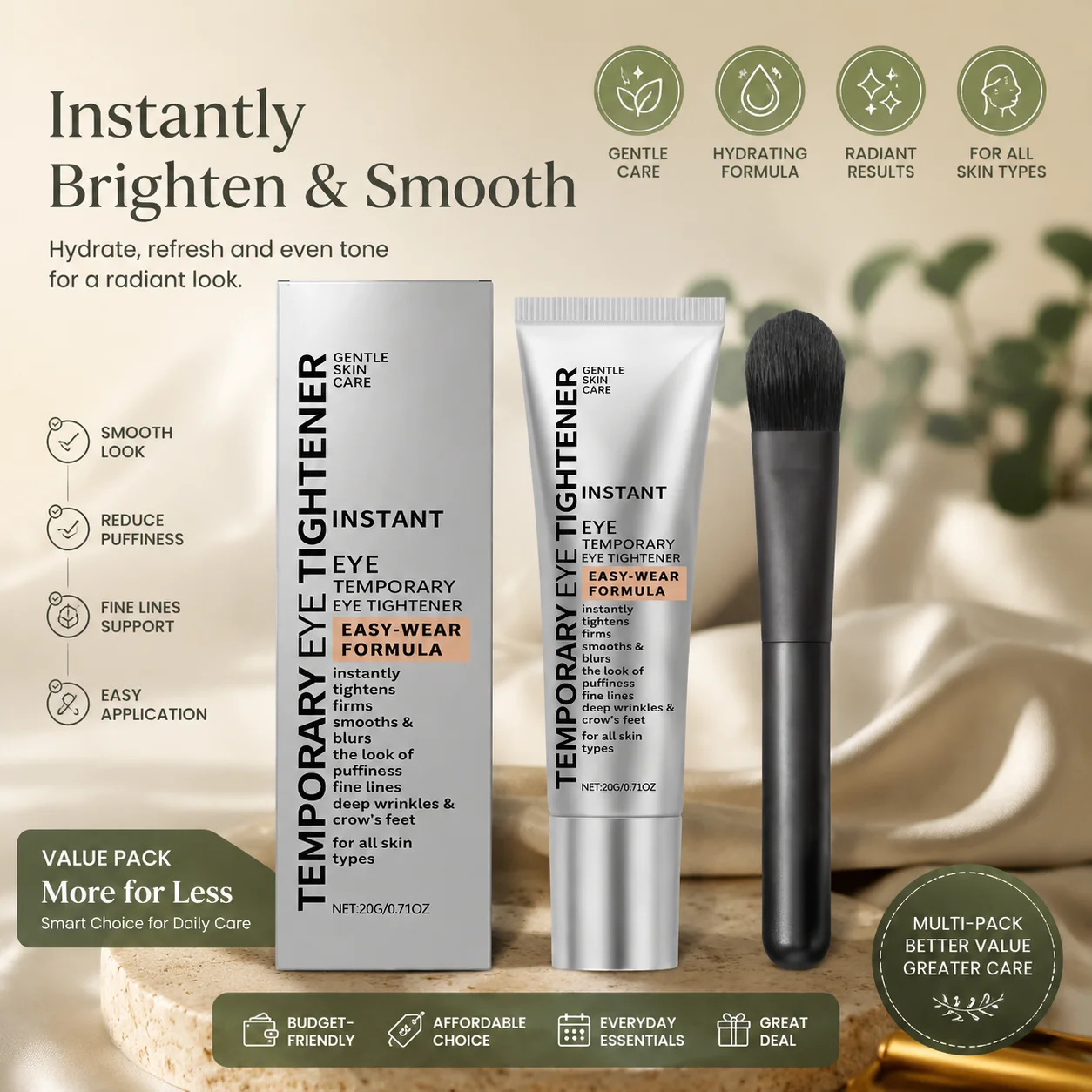 Instant Firming Eye Cream - Moisturizing Formula To Nourish Eye Area, Reduce Dark Circles & Puffiness, Enhances Skin Elasticity For All Skin Tones, Non-Greasy Daily Skincare With Brush Applicator For Men & Women