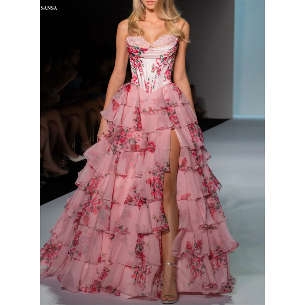 

Sansa Customized Pink Tiered Ruffle A-line Floral Print Prom Dresses Side Split Sleeveless Vestidos De Noche Floor-Length Gown