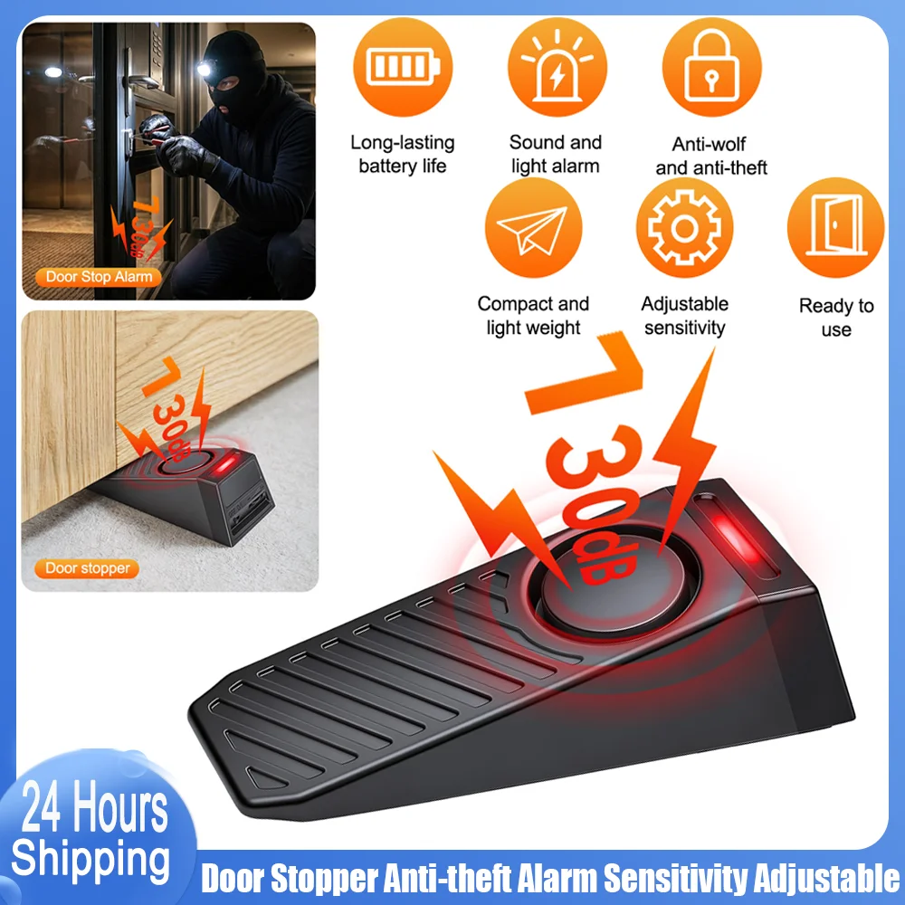 Portable Door Stop Alarm 130dB Sound Light Anti-Theft Anti-Wolf Adjustable Sensitivity Long Battery Home Hotel Travel Safety