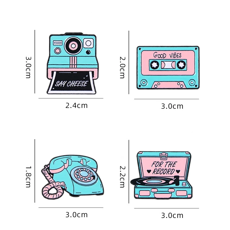 Cartoon Creative Vintage Telephone Cassette Camera Record Player Alloy Enamel Brooch Lapel Pin Tape Backpack Badge Accessories