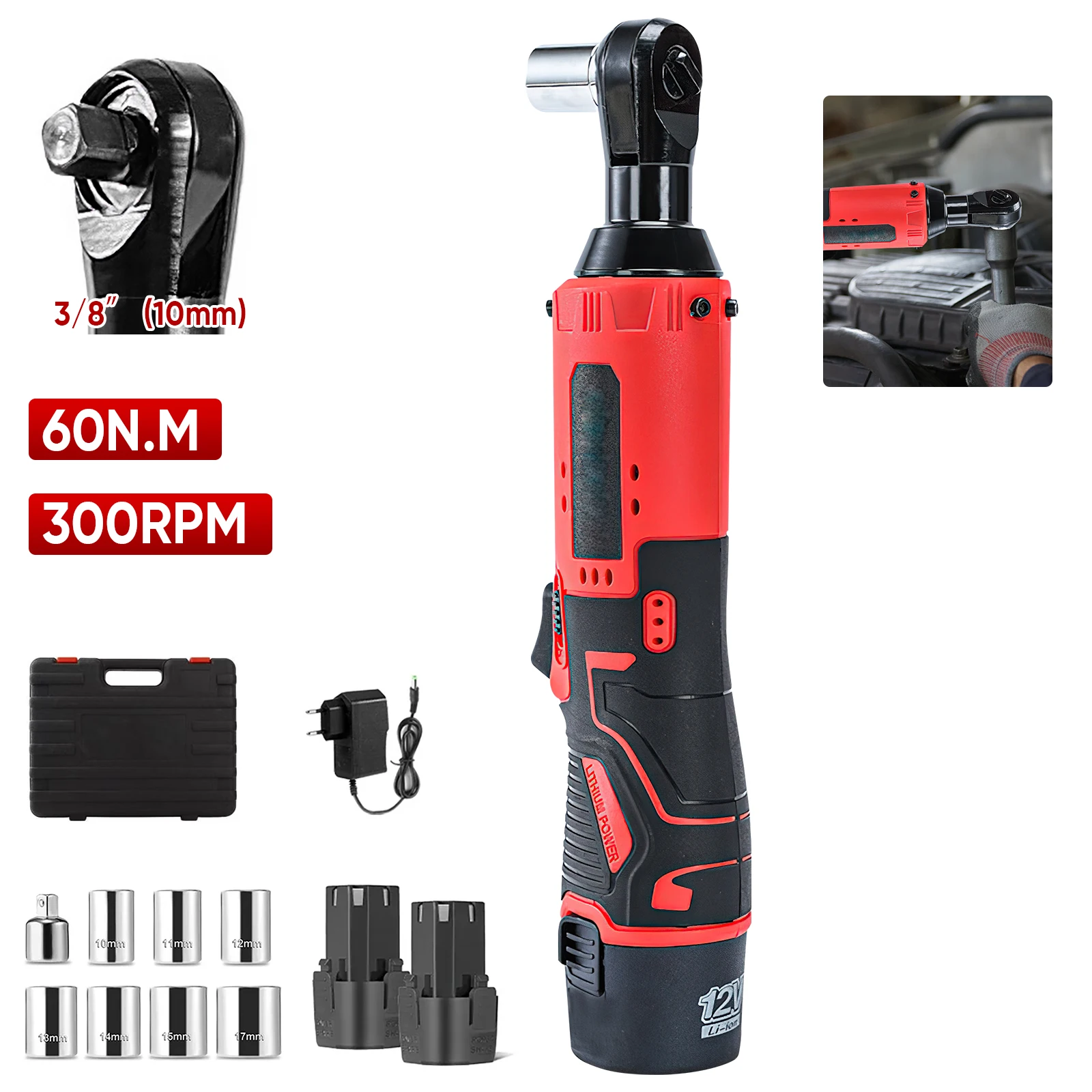 3/8 Zoll Akku-Ratschenschlüssel, 12V Elektrischer Ratschenschlüssel 200NM mit 2x 1300mAh Akkus 90 °   Winkelschlüssel, 7-teiliges Steckschlüssel-Set