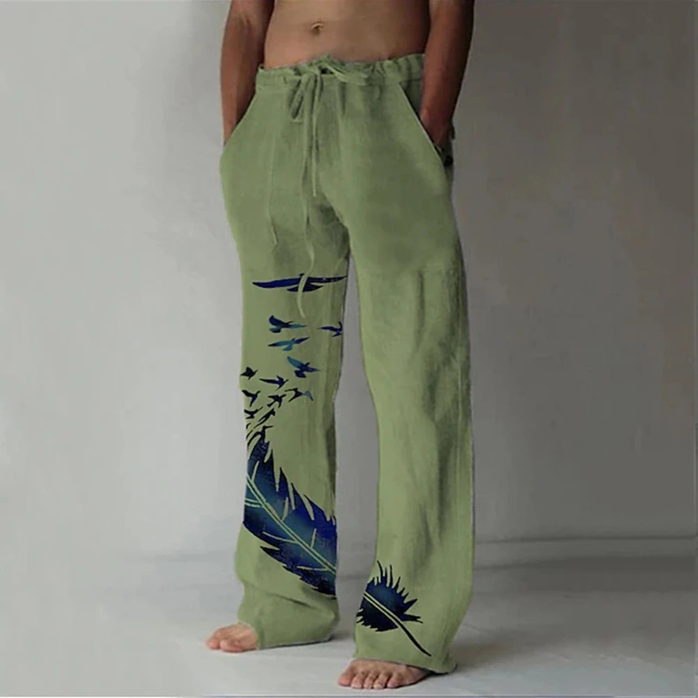 Men\'s Trousers Summer Pants Beach Pants Pocket Drawstring Elastic Waist Feather printing Breathable Lightweight Casual Trousers
